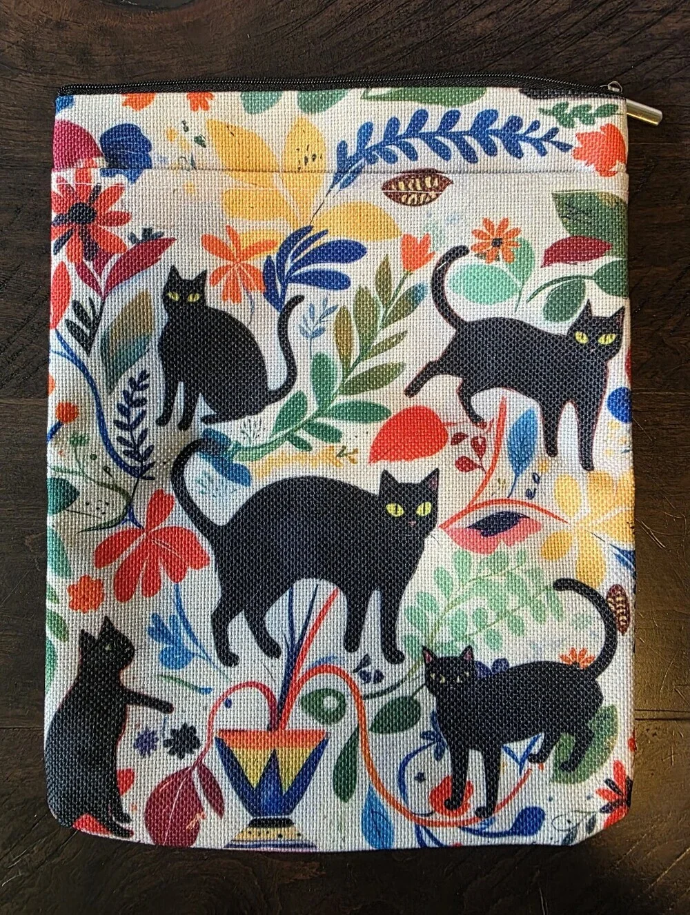 Black Cat Floral Canvas Zippered Pouch  Tablet Case Book Sleeve Cover NWT Gift